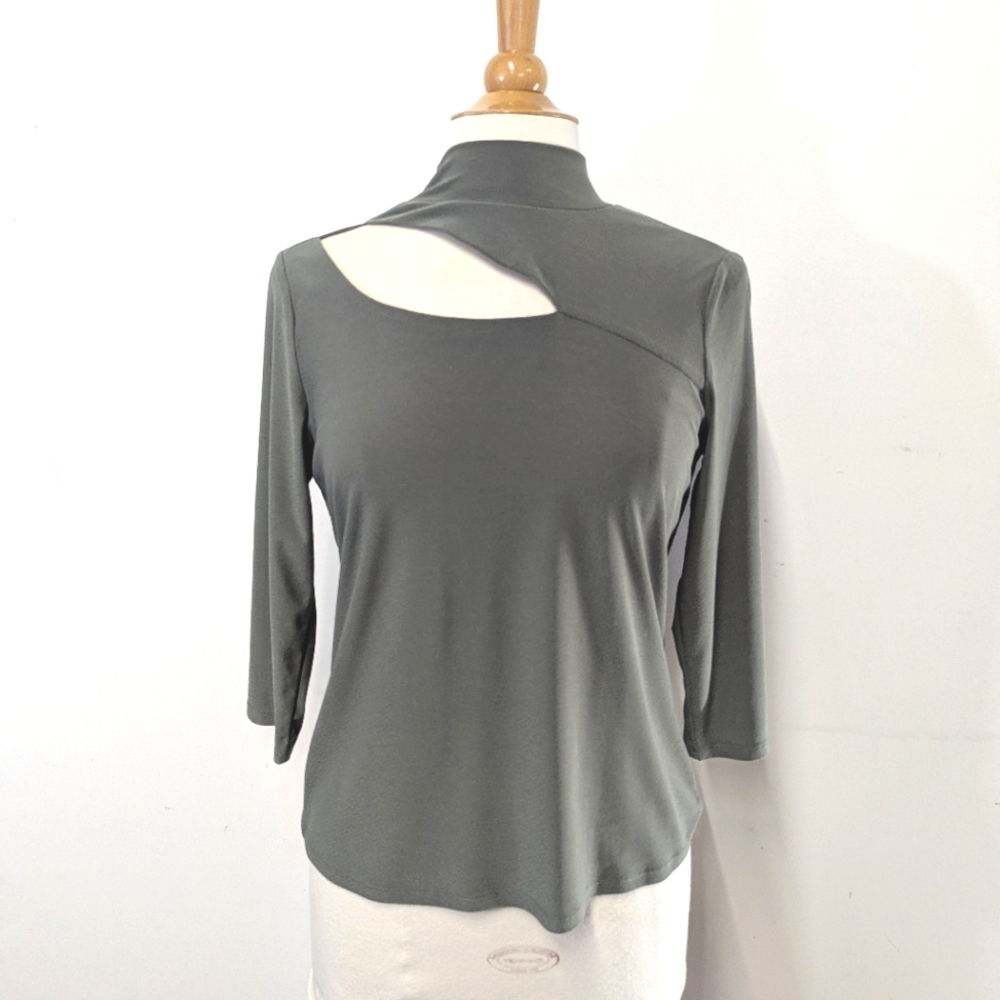 A.U.W Cut Out Neckline Olive Green Top Stretch Knit Bodycon S Mock Neck - Picture 5 of 10